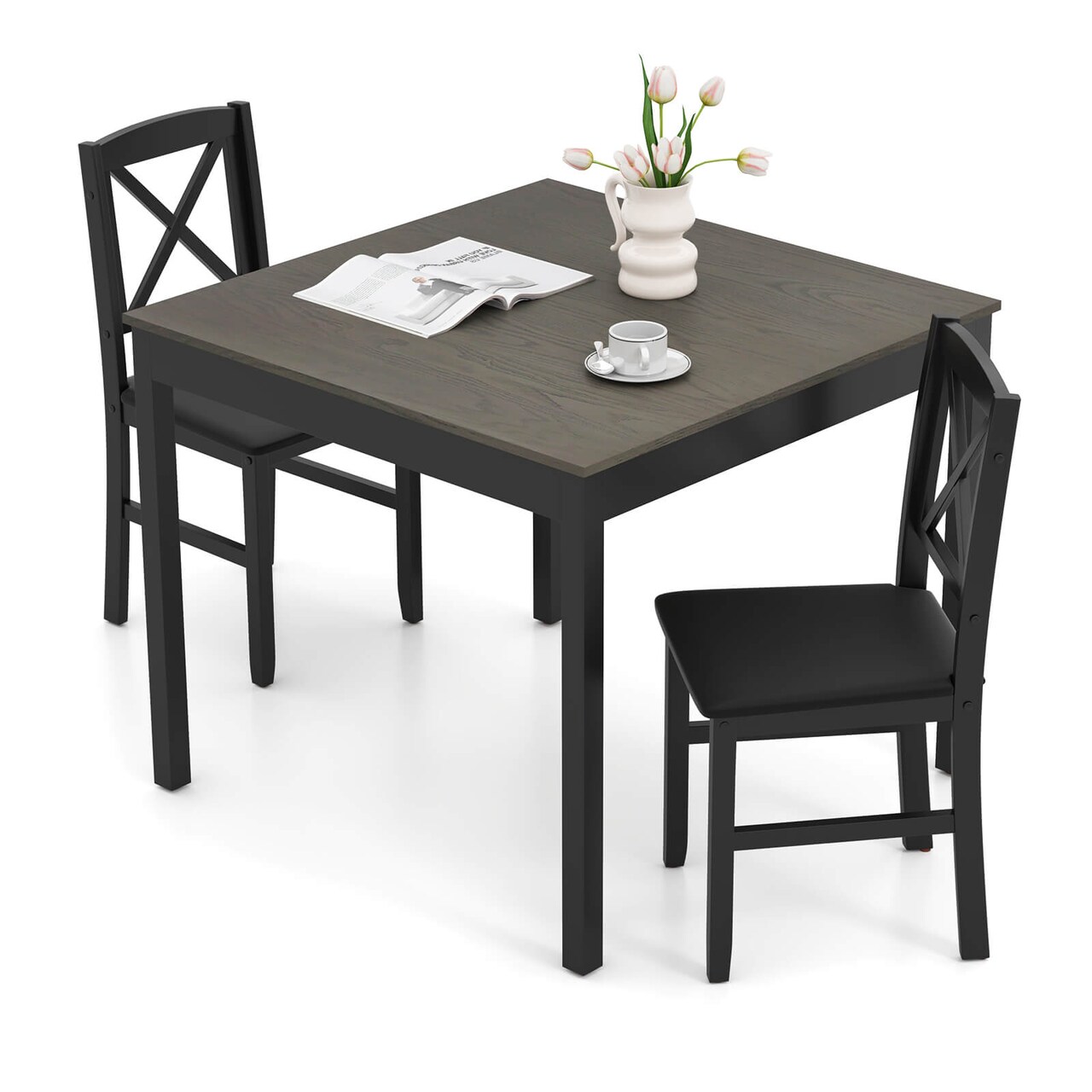 Costway 3 PCS Dining Table Set Wooden Square Kitchen Table with 2 Upholstered Chairs Brown/Gray